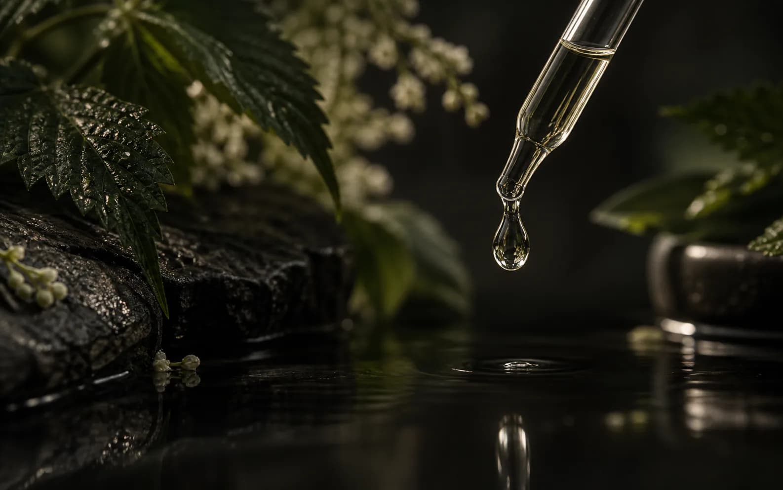 Skaidrus hidrolato lašas stiklinėje pipetėje