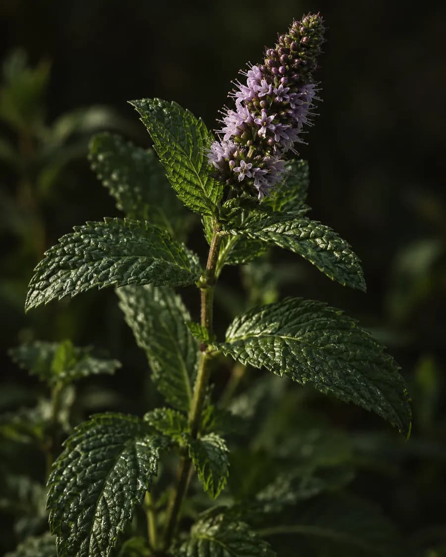 Žali pipirmėtės lapai ir violetinis žiedynas