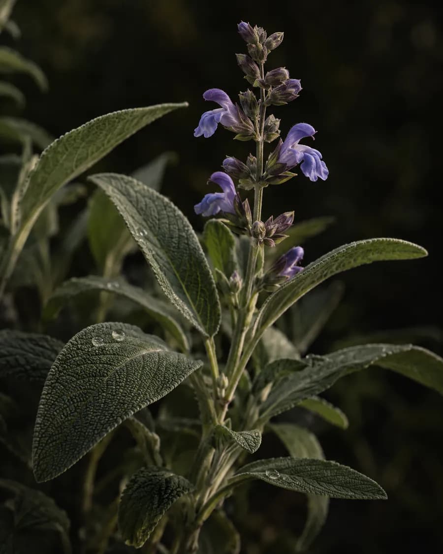 Aksominiai šalavijo lapai ir violetiniai žiedai